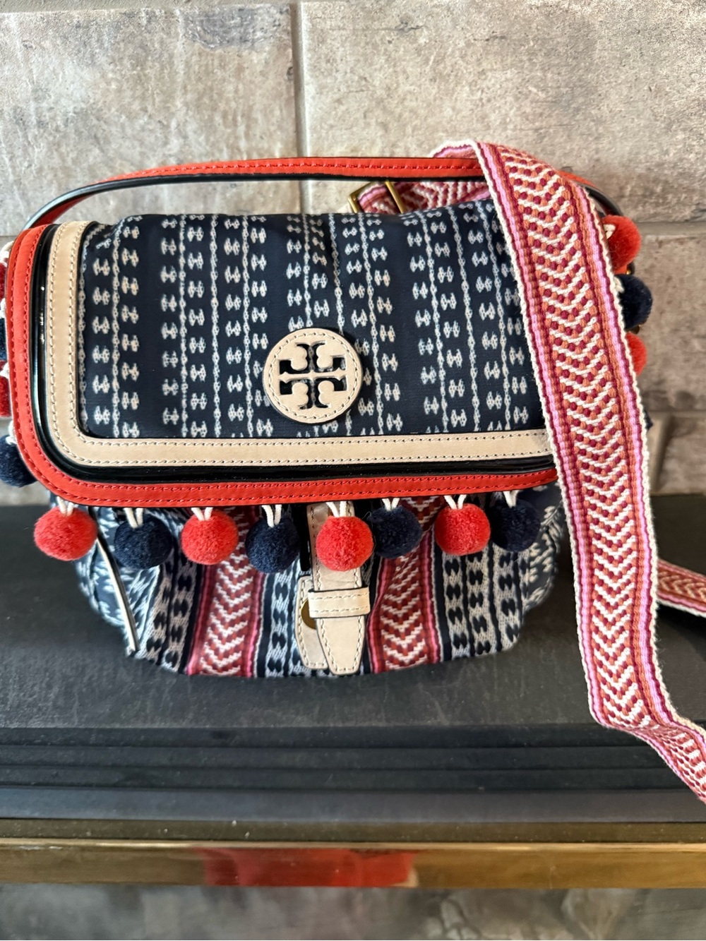 Tory Burch Navy and Red Pom-Pom Crossbody Bag